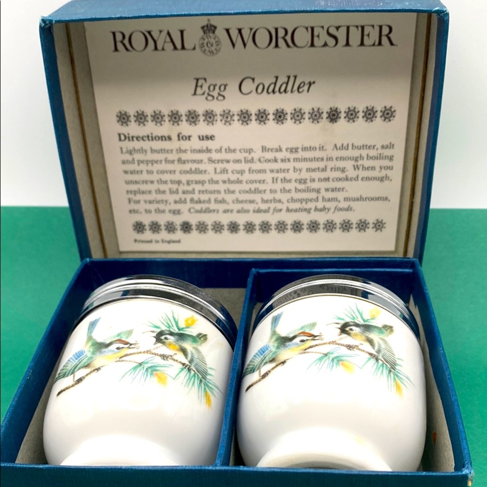 Vintage Royal Worcester Set Of 2 Egg Coddlers In Box With Bird Motif